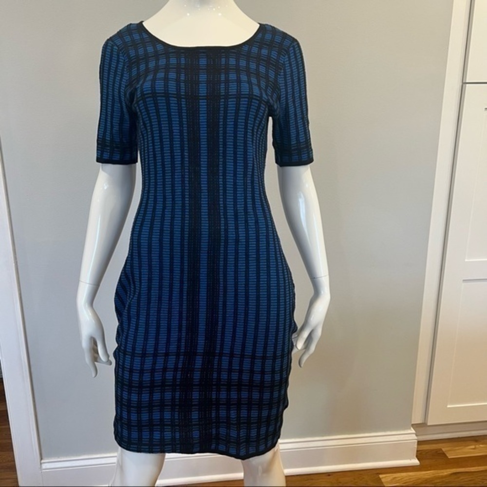 Andrew Marc Checkered Knee Length Dress in Black and Blue